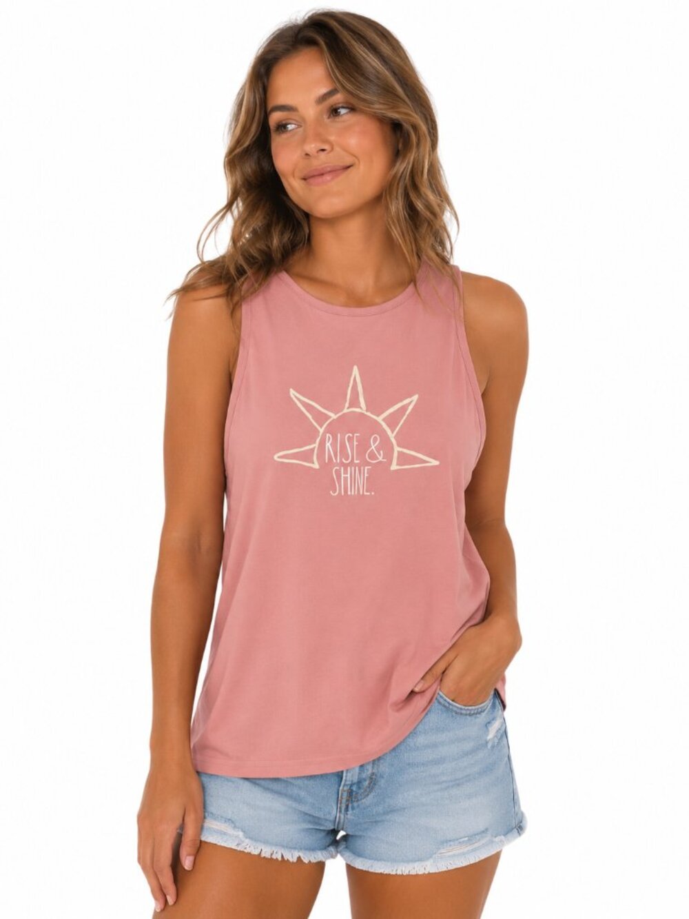 Rae Dunn Rise & Shine Ribbed Tank Quartz Pink Sun Graphic Lounge Top Small NWT